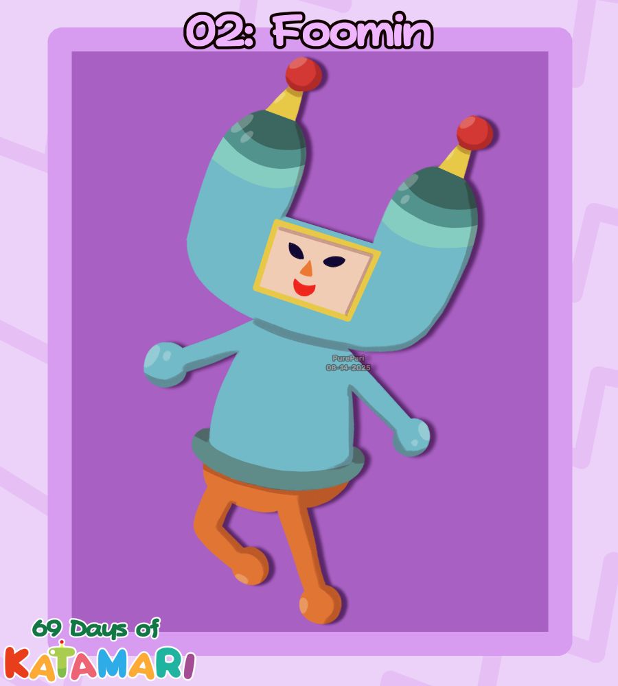 A drawing of Foomin from Katamari Damacy. She does a jumping pose, with a smile on her face. The text on the top reads "02: Foomin", and the bottom left reads "69 Days of Katamari".
