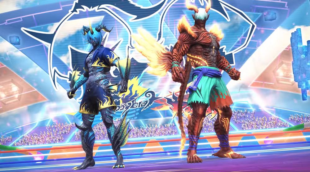 A screenshot from the FFXIV 7.4 trailer showing two fighters, a blue oni and red oni, both in colorful shorts, in a colorful arena.