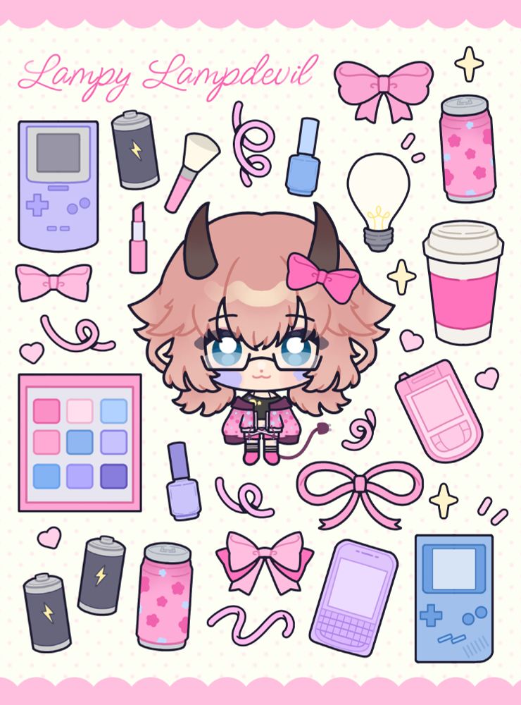 An illustration of a chibi Lampy Lampdevil, a devil girl VTuber with light brown hair and a pink bow tied to one of her short black horns, surrounded in cute objects. It's laid out like a sticker sheet, and the predominant colors are pink, light purple, and light blue. The objects include handheld game systems, makeup, cans of soda, ribbons, batteries, a takeout coffee cup, and a single lightbulb. "Lampy Lampdevil" is written on the upper-left in cursive font.