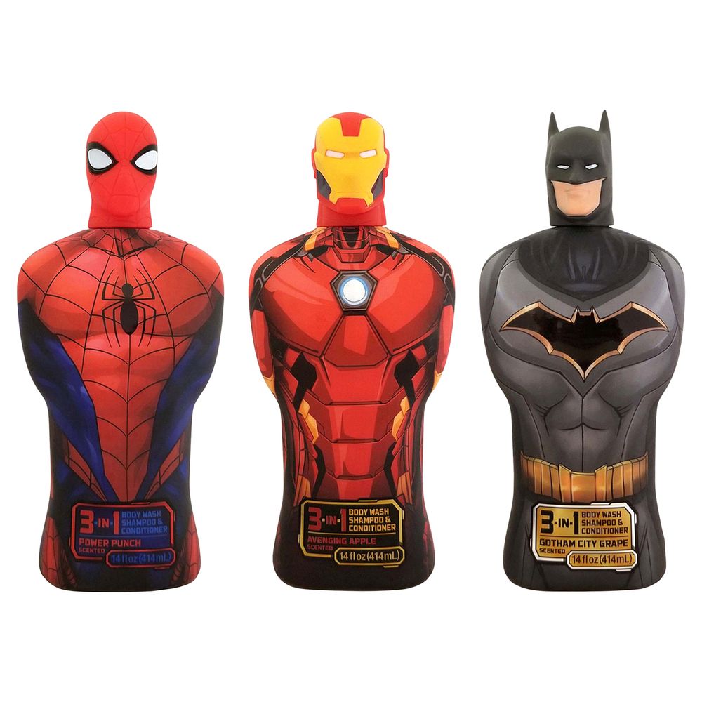 Three bottles of superhero themed 3-in-1 Body Wash/Shampoo/Conditioner, featuring Spider-Man, Iron Man, and Batman