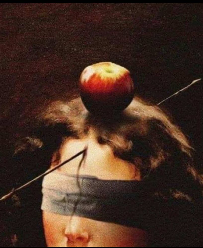 Painting of blindfolded person with an apple on top of their head and an arrow pierced through their forehead