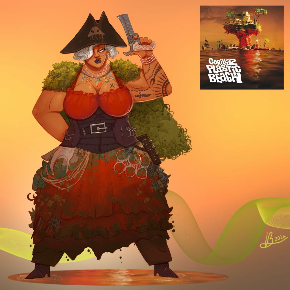forward facing pirate woman with a dominant wide legged stance. She wears a long red dress, oil stained and polluted with ocean waste at the bottom. She wears a seaweed cloak over her shoulders, tied together with discarded fishing lures. Her eyes are pure white and she is scowling. In her left hand she holds a pistol carved from bone, with a decorative skeleton grip. In the upper right corner of the image is the album cover for ‘Plastic Beach’ by Gorillaz.