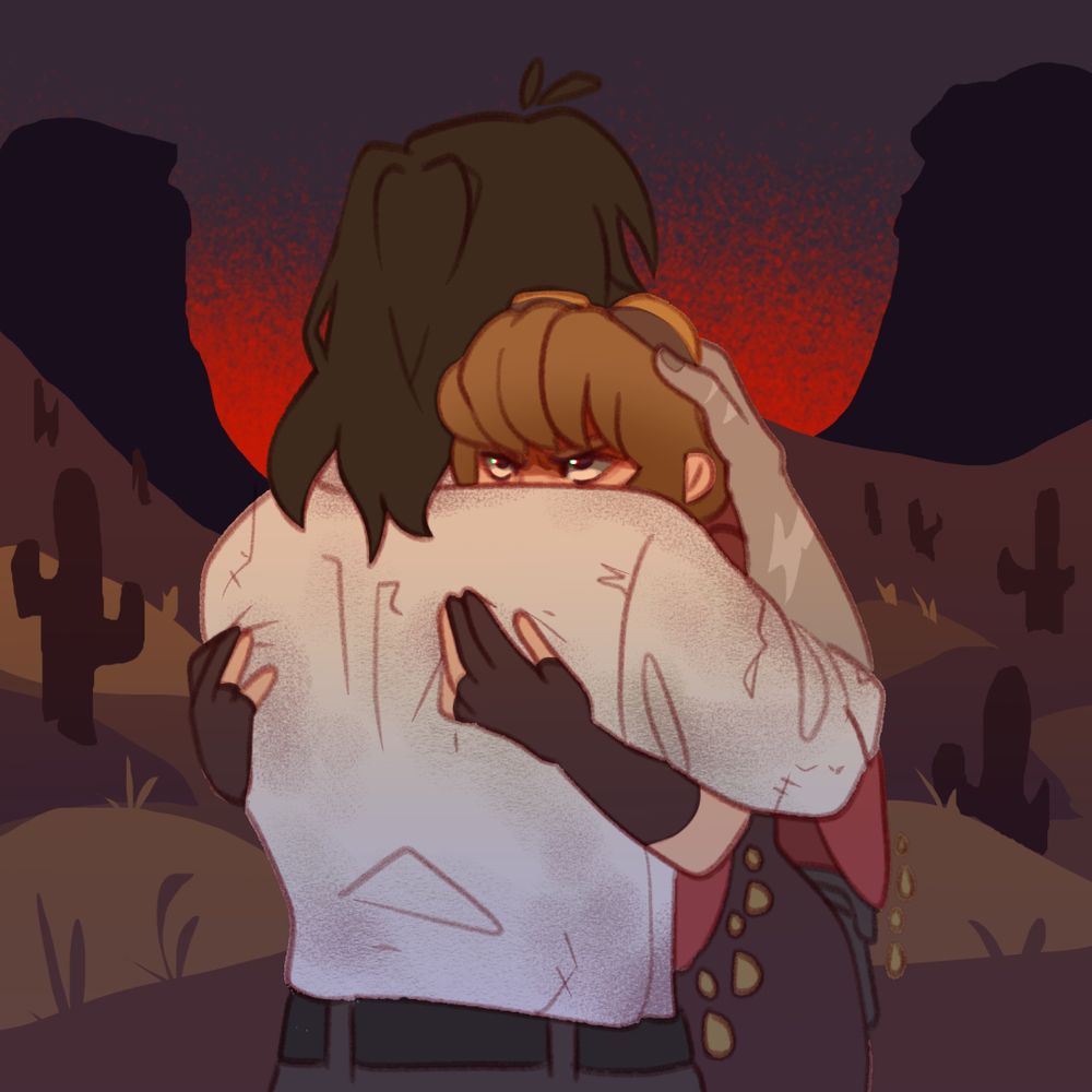 A stylized digital illustration of Scar and Grian, two genderbent women, hugging tightly against a dramatic desert landscape at sunset. Scar, in the foreground, has shoulder-length, gray-brown hair with a small tuft sticking up at the top. She is facing away from the viewer, holding Grian tightly. Scar wears a weathered white button-up shirt, which is dirty and scuffed, along with dark pants. Her skin is grey with dark nails and pale scars, representing Scar's red life. Grian, hugging Scar and partially out of view, has short, choppy blonde hair in a Ramona Flowers-style cut with bangs. Her eyes are visible over Scar’s shoulder, glaring with rage. She wears a red shawl with golden tassels, a black sleeveless top, and black gloves. Grian’s gloved hands grip the back of Scar’s shirt, showing desperation. The background features a desert at sunset, with dark silhouettes of cacti and rock formations. The sky is an intense red-orange, fading into deep purple, creating a dramatic and foreboding atmosphere. The lighting casts a red-hot glow on the characters.