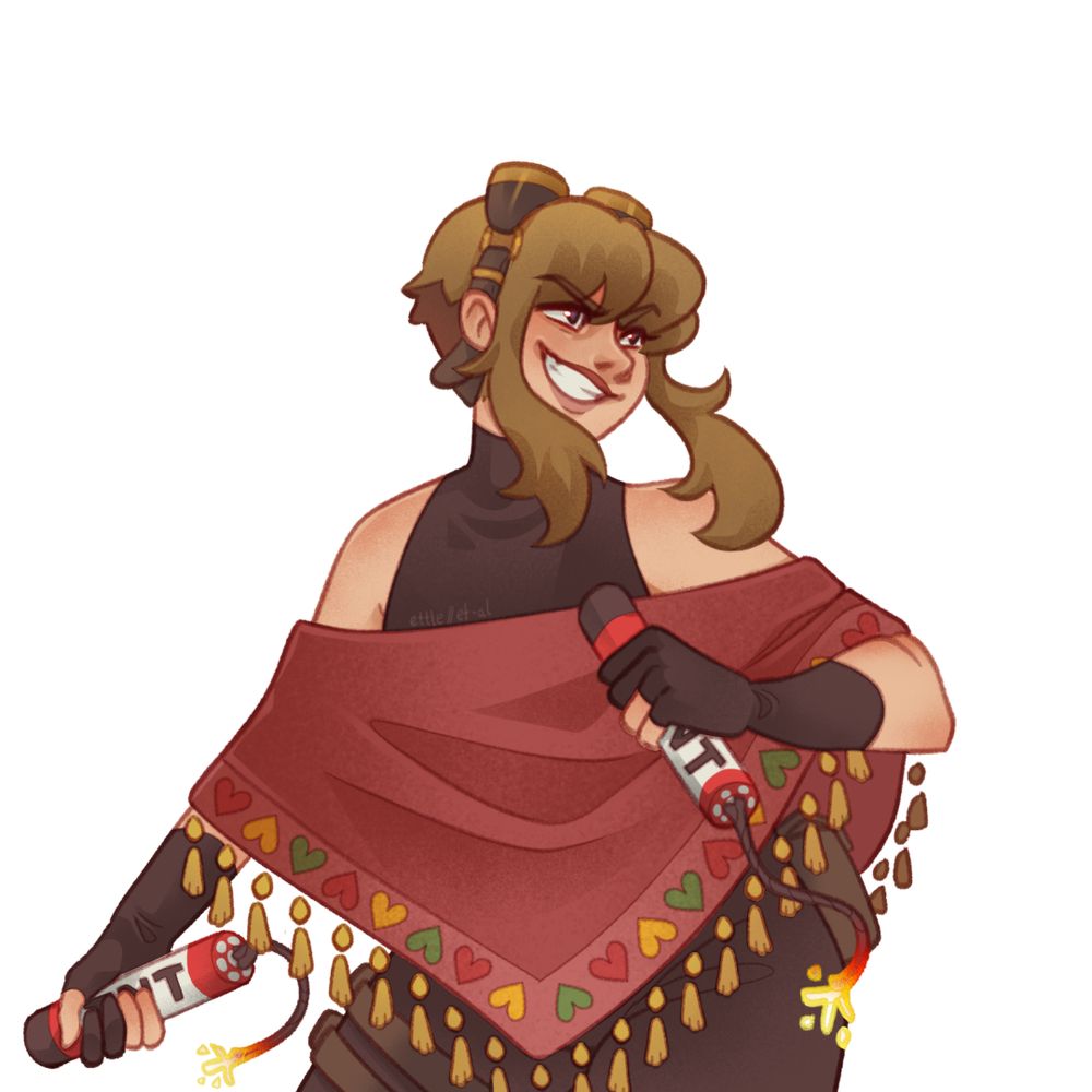 A stylized digital illustration of a genderbent Grian with an energetic, mischievous expression. She has short cropped blonde hair with two long pieces in front of her ears, bangs, and wears a pair of brown goggles resting on her head. Her attire includes a sleeveless black turtleneck top, fingerless black gloves, and a large red shawl with yellow tassels and heart-shaped embroidery in green, yellow, and red. The shawl drapes over her shoulders and arms. Grian is holding two lit sticks of dynamite, one in each hand. The fuses are sparking, glowing bright yellow. Their pose is dynamic, with one arm raised slightly and the other held low, emphasizing movement.