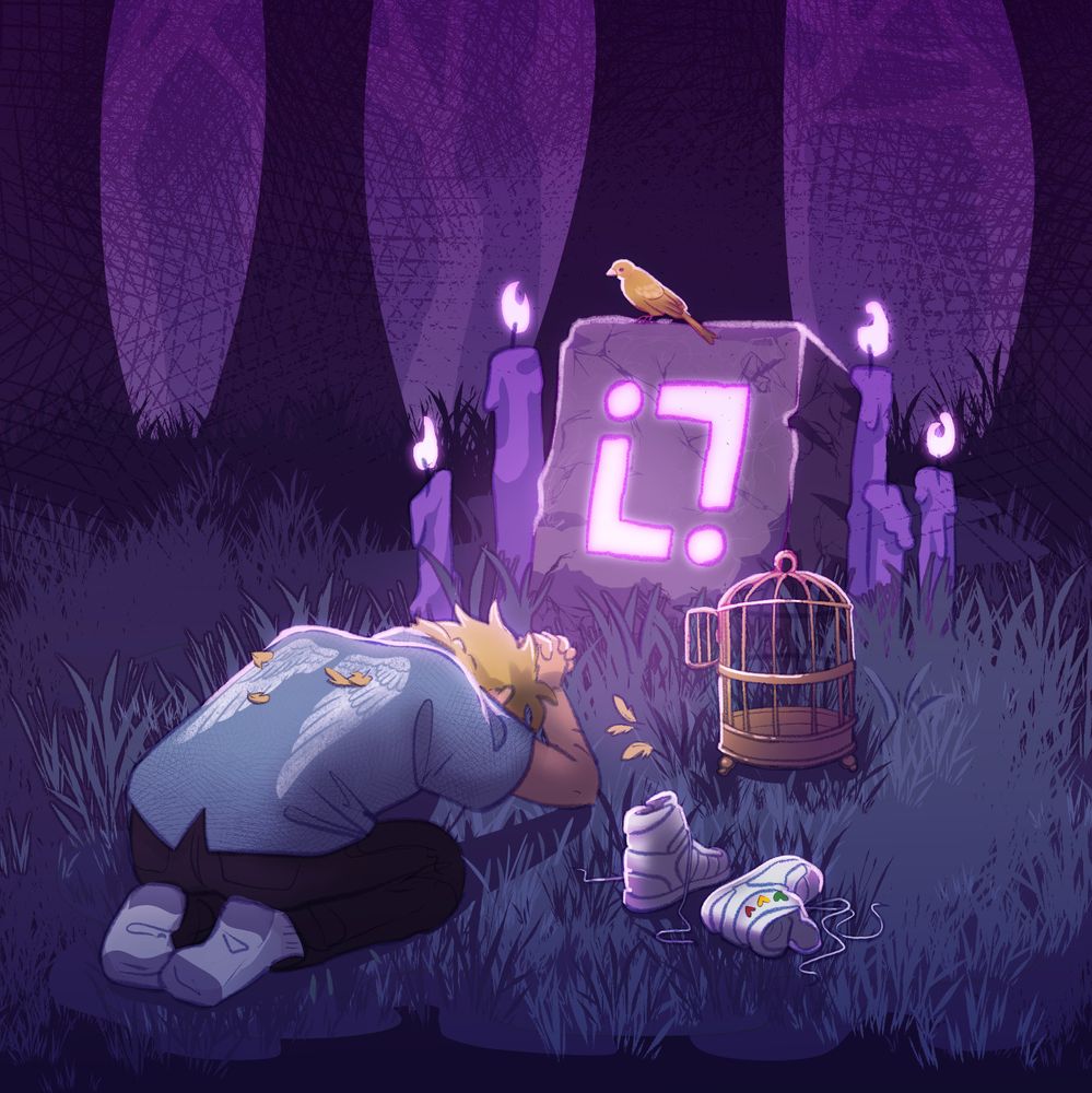 Digital illustration of SolidarityGaming (Jimmy) from the Wild Life series. He is a young, blond man with a light blue button-up shirt, black pants, and white socks. A white wing design is on his back. He is praying intensely at a stone slab bearing a purple glowing Watchers symbol. It is surrounded by purple candles. Near the slab is a a pair of sneakers with the green, yellow, and red Life Series hearts on it, as well as a gilded cage, its door open, yellow feathers scattered outside it and on Jimmy's back. A small canary is perched on top of the slab, watching him. The background is a gloomy forest. 
