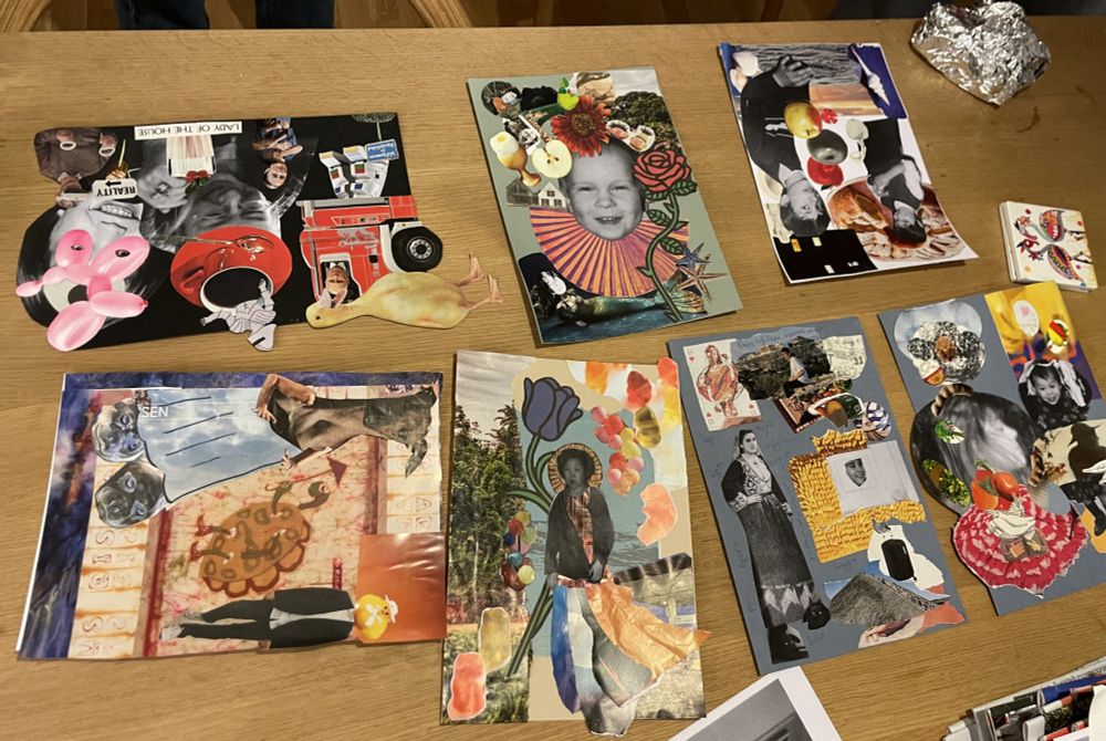 a bunch of colour collages lay on a table. they are made of a combination of old black and white photos of family and friends and the colourful cuttings from newspapers and magazines