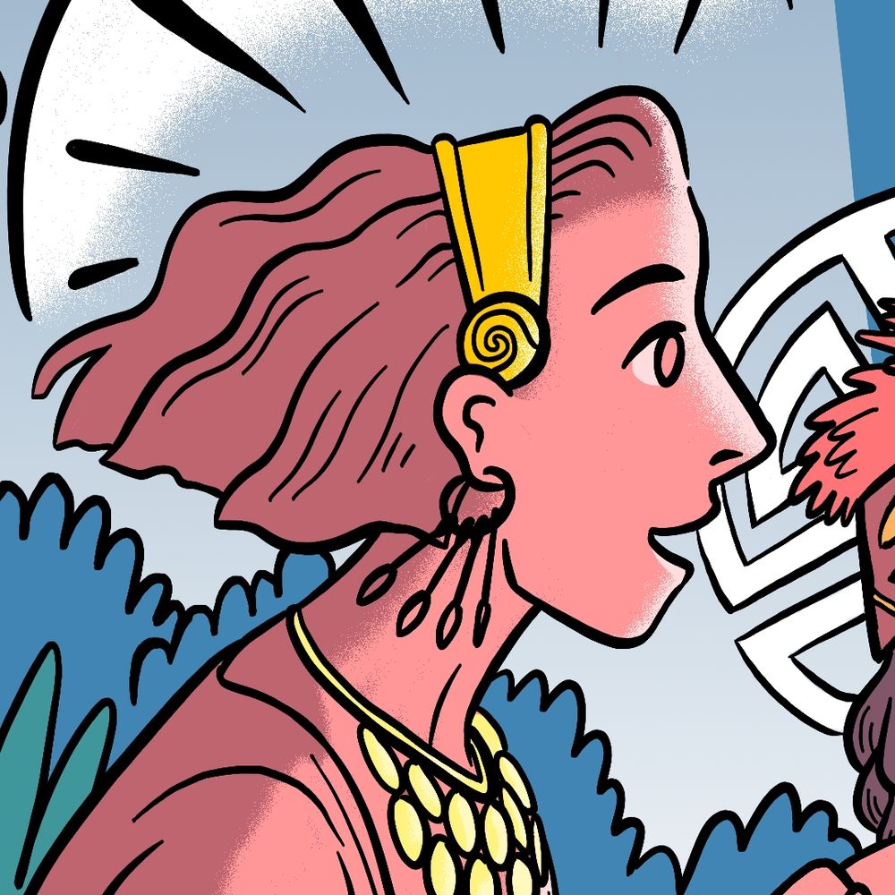 A close up of the Olympian Hestia, adorned with jewelry and a celestial crown, who smiles as she listens to her guests