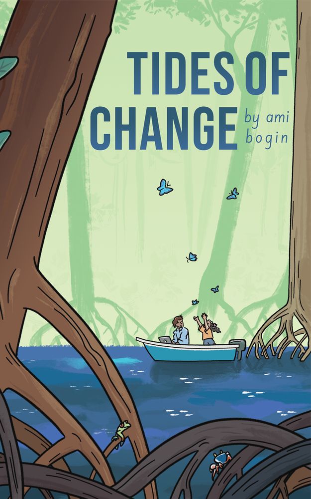 Sofia, a young energetic girl, reaches up towards blue morpho butterflies of Costa Rica which flutter above her boat sitting in a mangrove swamp. Mateo, a researcher is making notes on a laptop. A small tree frog and mangrove crab can be seen on the roots of the trees. 