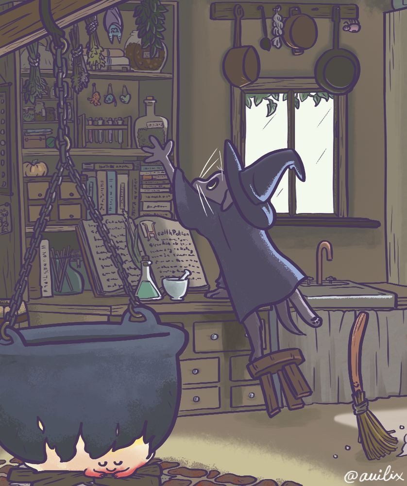 A small grey cat in a witches outfit reaches for an ingredient for her potion on a high shelf while a fire quietly bubbles and a broom sweeps her cottage clean