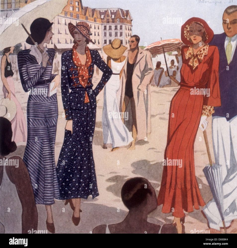 Painting depicting a lot of people on a beach wearing 1930s fashions. In the background is a European-style apartment complex and some faint white sails on green water. The group of people closest to the water sit under a giant umbrella stuck in the sand, their arms and heads bare, wearing white dresses, their faces soft blurs of color. In the middle-ground stand a thin woman in a flowing white dress with no sleeves tied by a belt. It reaches down to her feet. She wears a wide-brimmed hat, speaking to a hatless man wearing a black one-piece bathing suit under an ankle-length tan trench-coat. A woman walking in from the side of the picture holds a wide-brimmed hat at her side and wears an ankle-length, flowing pink skirt and  a sleeveless black shirt. In the foreground, two ladies chat as they stroll. One rests a white umbrella on her shoulder and wears a long-sleeved, shin-length dress with blue-and-white stripes tied by a belt. She wears a black hat with a drooping brim and brown shoes. A ruff of white peeks through her dress. The lady next to her wears a similar blue dress with white dots and a white-speckled red scarf. The brim of her hat is rakishly tilted. They appear to be white or Asian. Closer to the viewer is another couple, one a lady leaning on her closed umbrella, wearing white gloves, an ankle-length red dress, a red-speckled scarf and wide-brimmed red hat. She appears to be Asian. The man behind her, darker-skinned than her, wears long white pants, a jacket, white button-up shirt and tie. The arms and necks of two other people with brown skin are visible in the immediate foreground, with hints of white  straps holding dresses. 