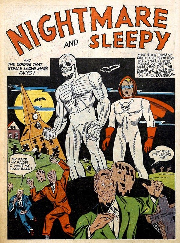 Nightmare and Sleepy from Clue Comics, concerned about a town where people's faces are removing themselves.