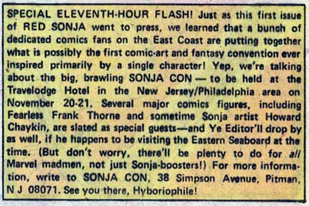 Roy Thomas' announcement of the "big, brawling" Sonja Con to be held at the Travelodge Hotel in the NJ/Philadelpha area on Nov 20-21.