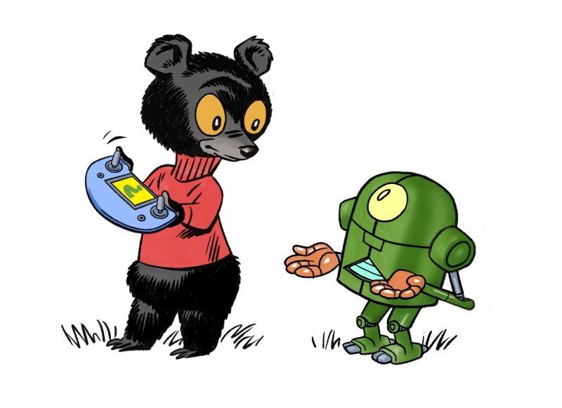 A bear in a sweater and his robot 