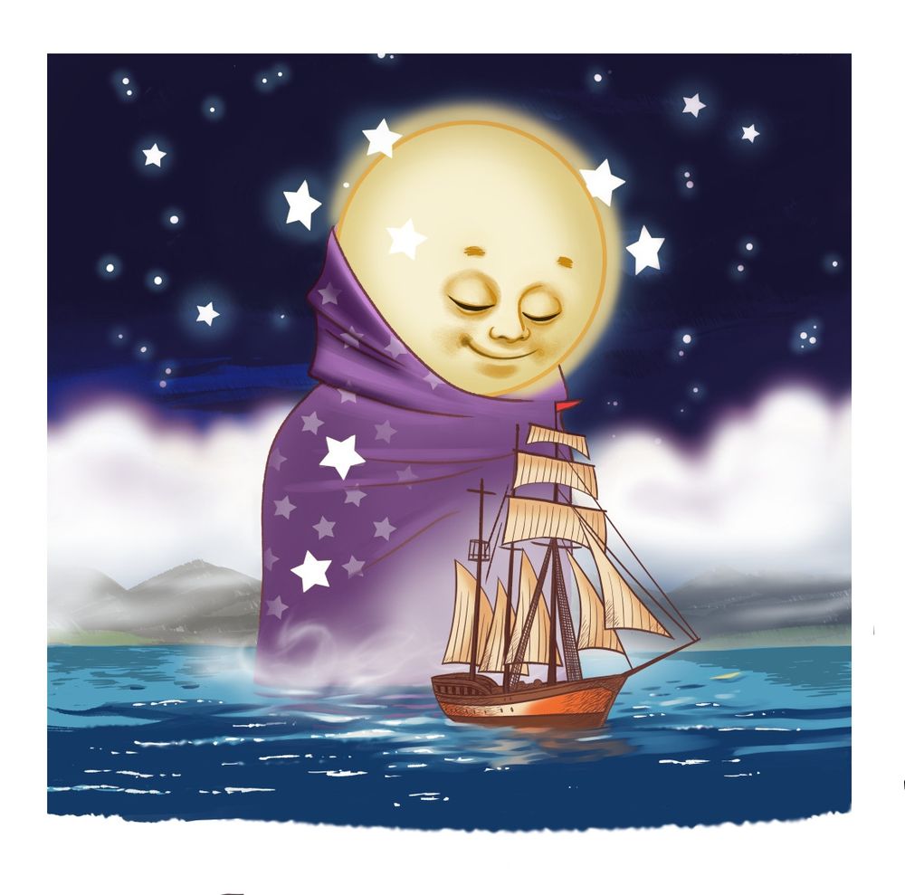 A thoughtful moon looking over a pirate ship