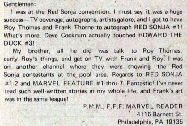 "PMM, FFF, MARVEL READER" sends a letter to the Red Sonja team to gush about the Sonja Con.