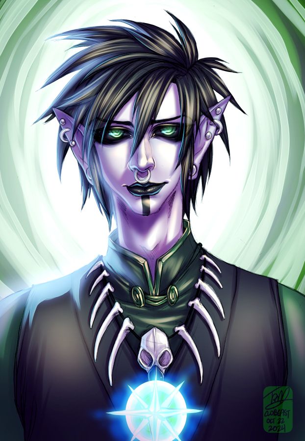Shadowfell elf with nose and ear piercings. Messy black hair, black lipstick, and a tattoo stripe down his chin. Green eyes with black scleras. He's wearing robes with a crow skull necklace, adorned with more bones. There's a glowing star over his chest.