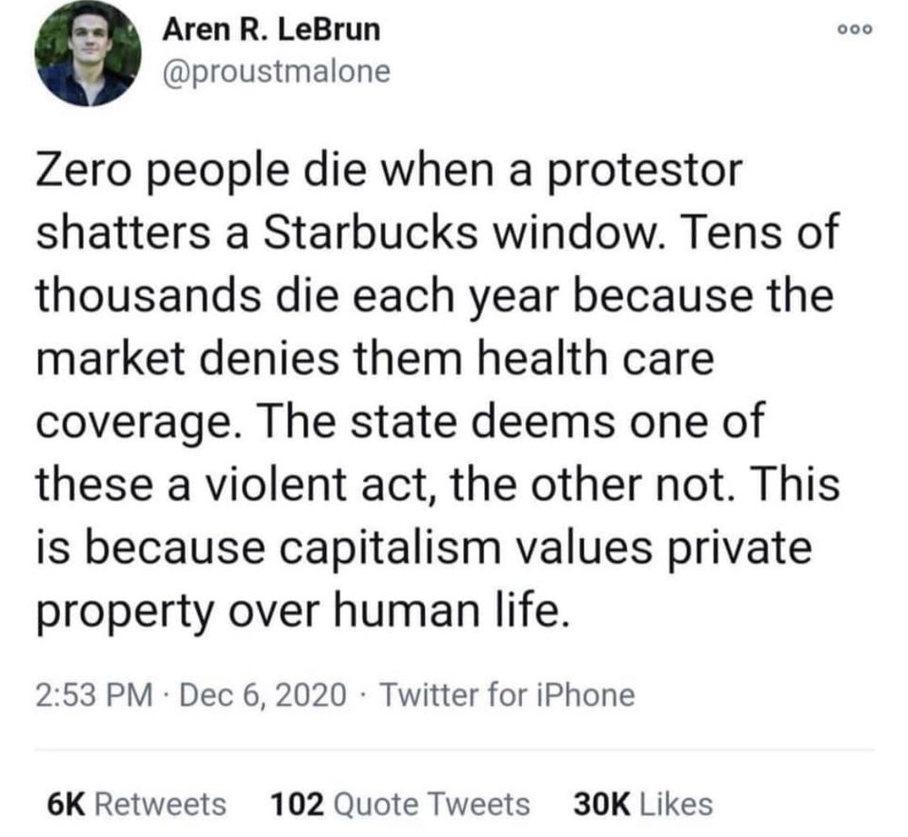 Capitalism values private property over human life.