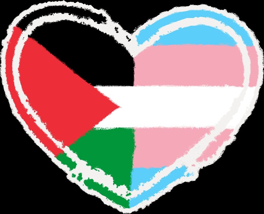 a painted heart split down the middle with the left side as the flag of palestine and the right side as the transgender flag 