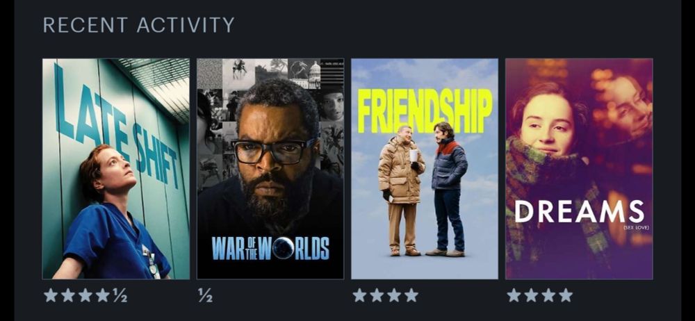 Last four films watched, logged on Letterboxd. From most recent...Late Shift, War of the Worlds, Friendship and Dreams