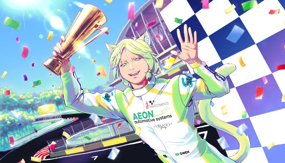 Owen Aeon, a green catboy in a racing flame suit stands on the podium after a race, trophy in hand, showered in confetti and waving to the crowd.