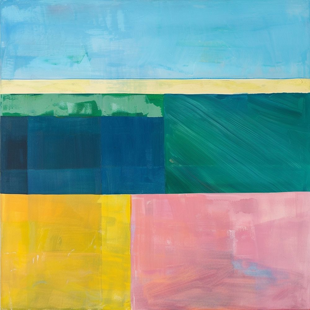 Geometric blocks of blues, greens, yellow, tan and pink watercolors that abstractly resemble a Caribbean beach scene. 