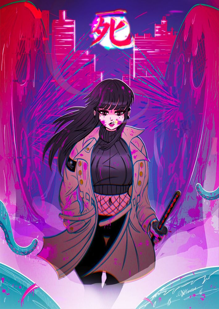 A drawing of Reika Karpov, a busty succubus assassin with long black hair with bangs. She is looking towards the viewer, wearing a flowing trench coat, black pants, a tight grey sweater top that exposes her midriff, and fishnets. She has her right hand in her pocket and holds her katana by the saya in her left. There is a cigarette in her mouth, a trail of smoke wraps around and behind her head. The still bleeding corpse of some great tentacled thing is behind and in front of her, geysers of blood still spraying. Above her, the moon illuminates the glitchy, neon kanji for death.