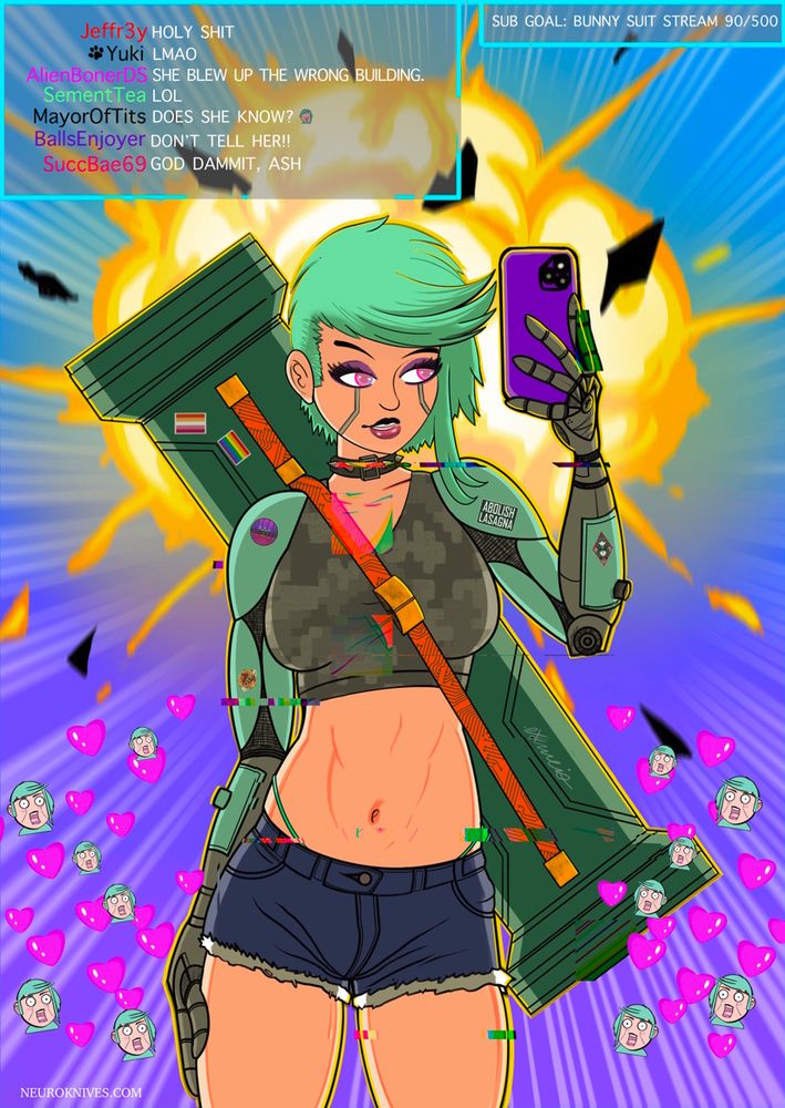 Illustration of a woman with green hair and cybernetic prosthetic arms. She has on a choker necklace, jean shorts, and a digicamo sports bra. A large missile launcher hangs from a strap over her shoulder. She's holding up and looking at her phone while something behind her explodes. A chat box is layered over the top left of the screen, her chat is making fun of her for blowing up the wrong building.