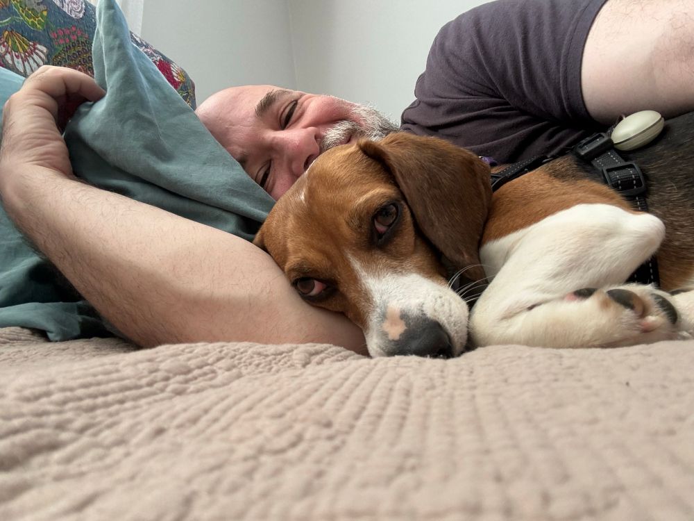 A bearded bald guy cuddling with a beagle. 