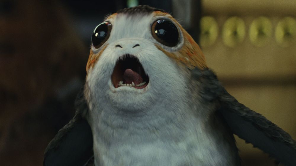 a Porg from Star Wars screaming 