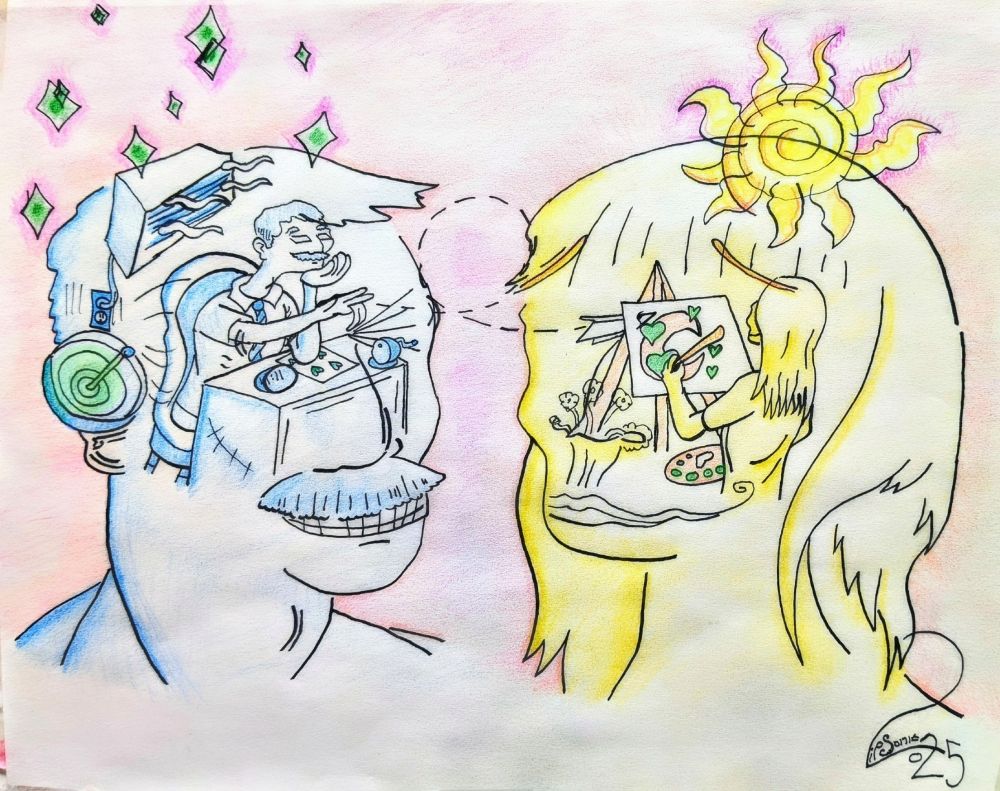 two heads stage representations of the characters performing a flirtatious, communicative action. in the blue head, a gentleman at a desk makes paper airplanes out of letters and sends them to the figure in the yellow head. 
the figure in the yellow head is painting a portrait with hearts on it similar to the hearts in the letters. a sun and sparkles shine on the scene. the background is pink.