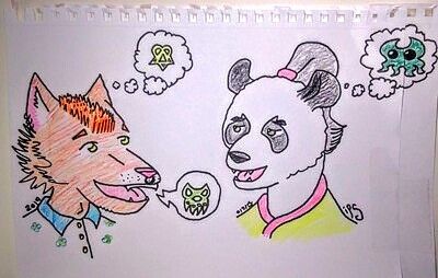 the fox furry character on the left is thinking of a symbol. they describe the symbol, but it looks different than the one they are thinking of. the panda figure on the right listens to the fox speaker and imagines a third image that is not like the other two.