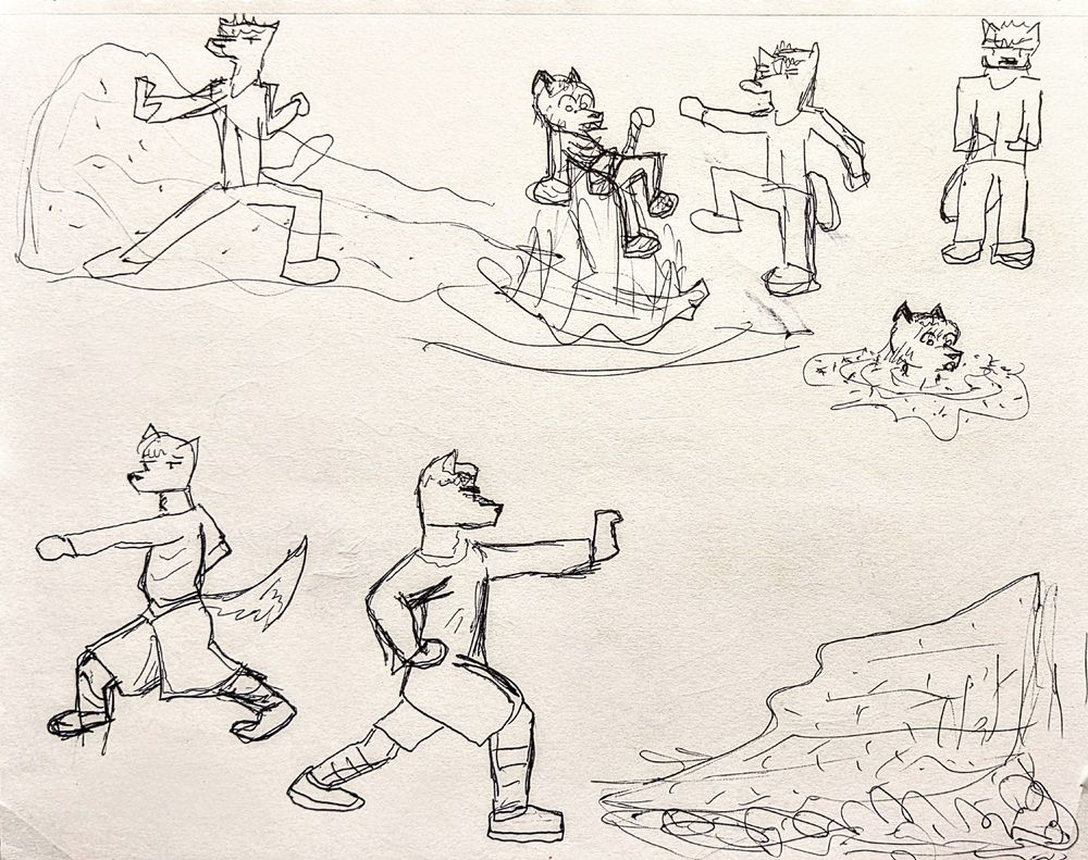 a furry character moves through different poses as they earth bend. in two poses, the furry figure lifts up a different character with earth and then sinks them down into the earth.