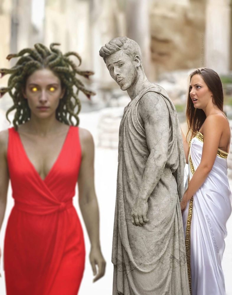 Alternative take on the ‘jealous girlfriend’ meme with the ‘lady in red’ as Medusa and the oogling boyfriend being turned to stone. 