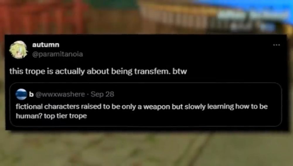 fictional characters raised to be only a weapon but slowly learning how to be human? top tier trope

this trope is actually about being transfem. btw