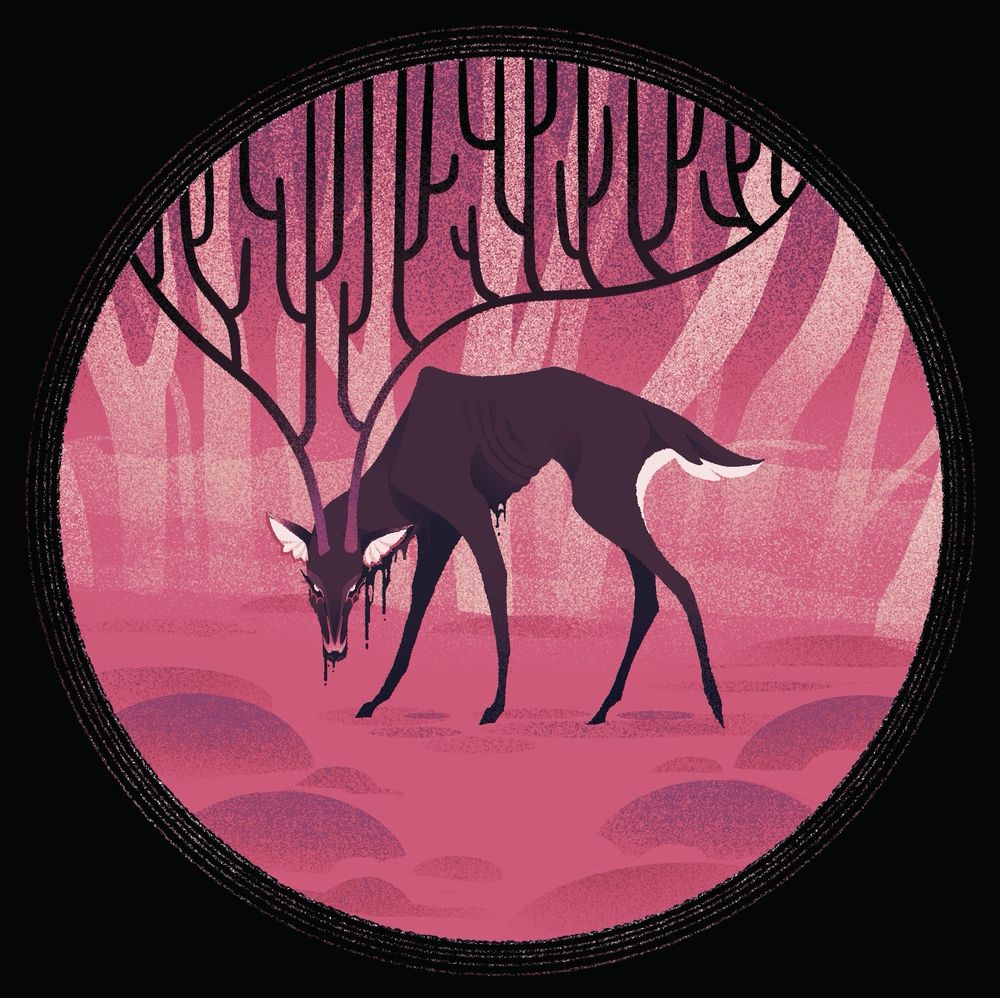 A drawing of a deer with abnormally long antlers staring back at you
