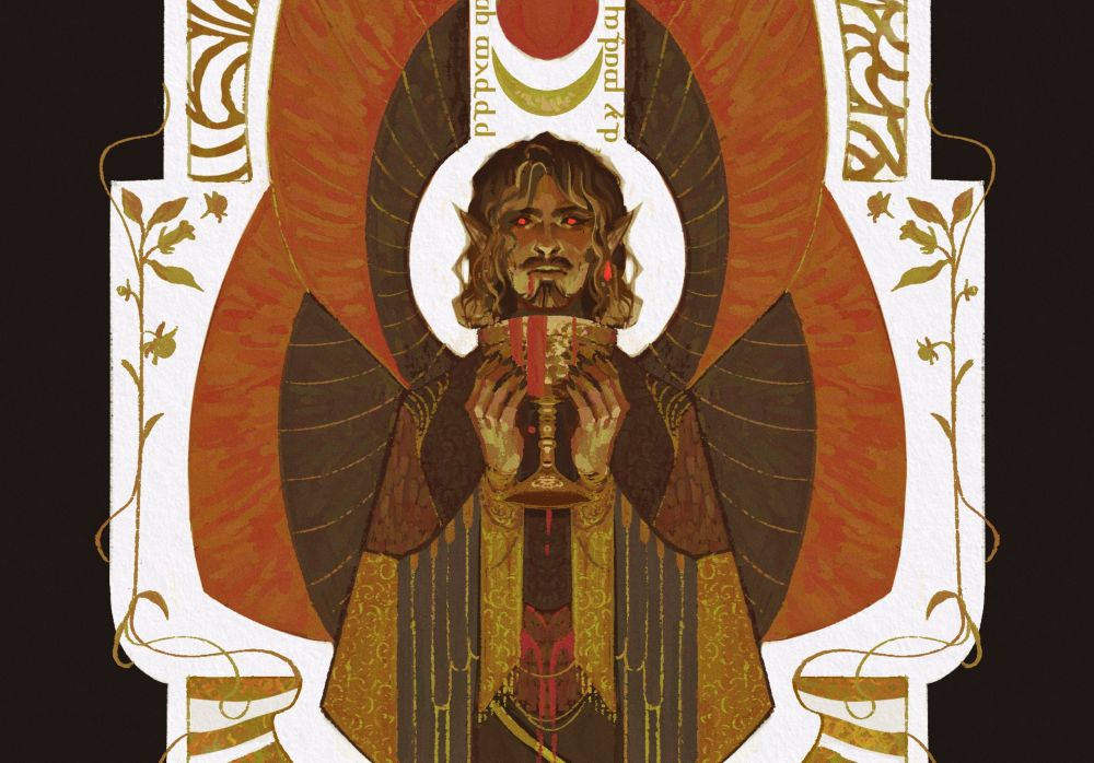 Virgil’s son, Dante, a winged vampire holding a golden cup of blood, his eyes red and determined. Funfact ! He’s also a trans guy which is great! And he may be a warlock… Well, we don’t always make good decisions in life do we ?
