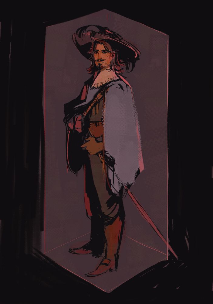 This is my character Feur ( I really wish he was named something serious. Alas I am silly) in his roughly sketched musketeer outfit. 