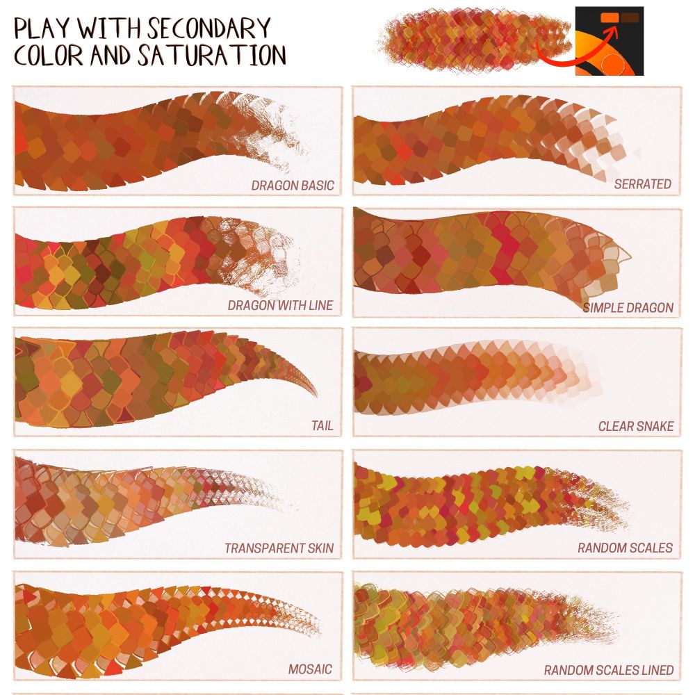 A display of ten variations of the scales brushes, playing with secondary color and saturation ( they're very color jittery!)