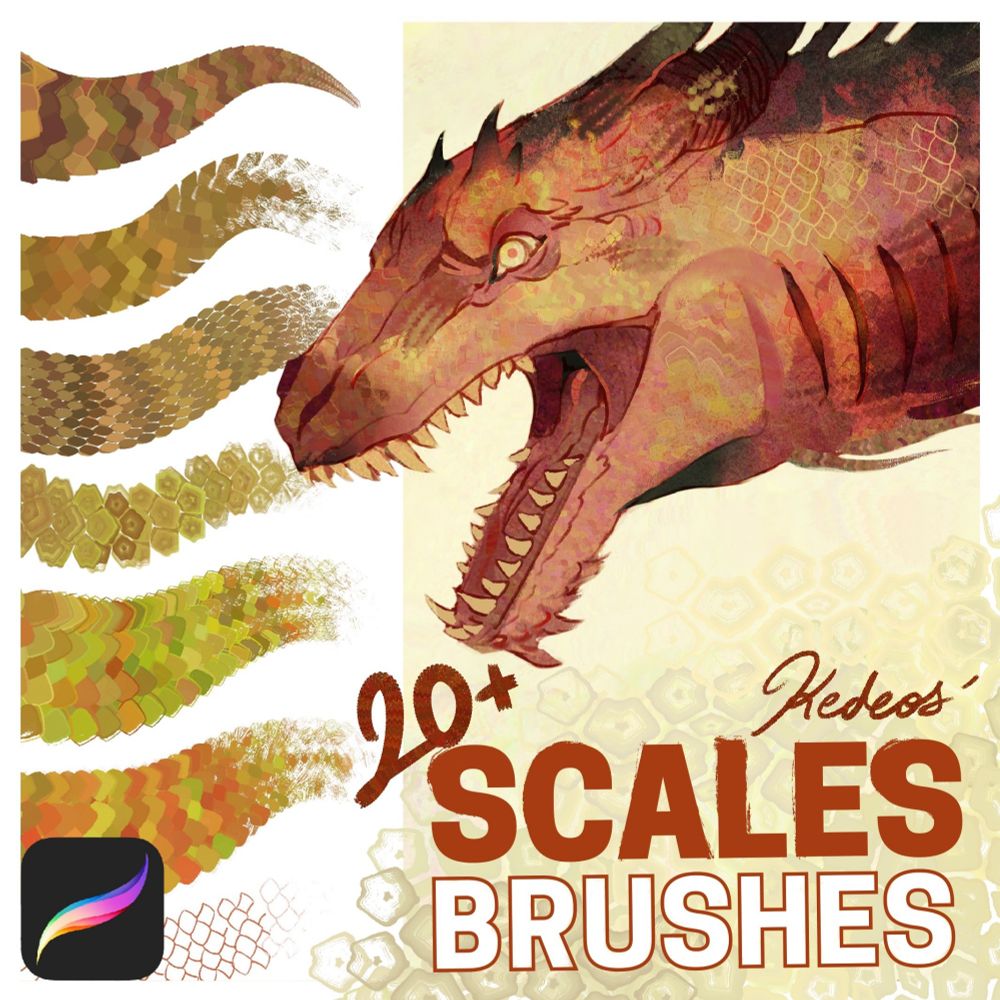 An illustration of a dragon ( a very happy one if you ask me ) next to 7 variations of the scales brushes for procreate 