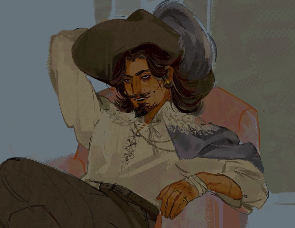 This is a wip of my musketeer named Feur sitting on a chair and smiling at you. He looks pretty relaxed but I’m unsure whether he ever sleeps or not.