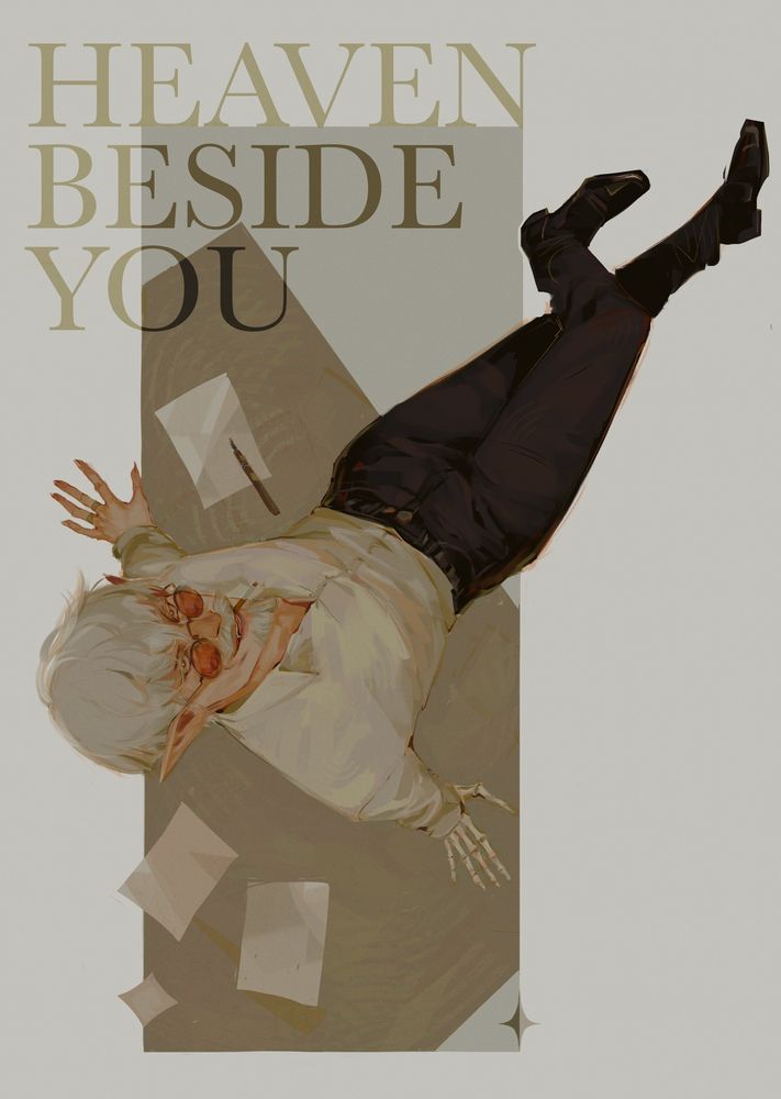 My character Virgile, a white haired elf with a mustache sitting on a desk and looking at us with a provocative smile. The words « Heaven beside you » are written above him. Funfact, he’s one of the oldest elves in his lore, very much transmasc, and acts like a feisty little hamster.