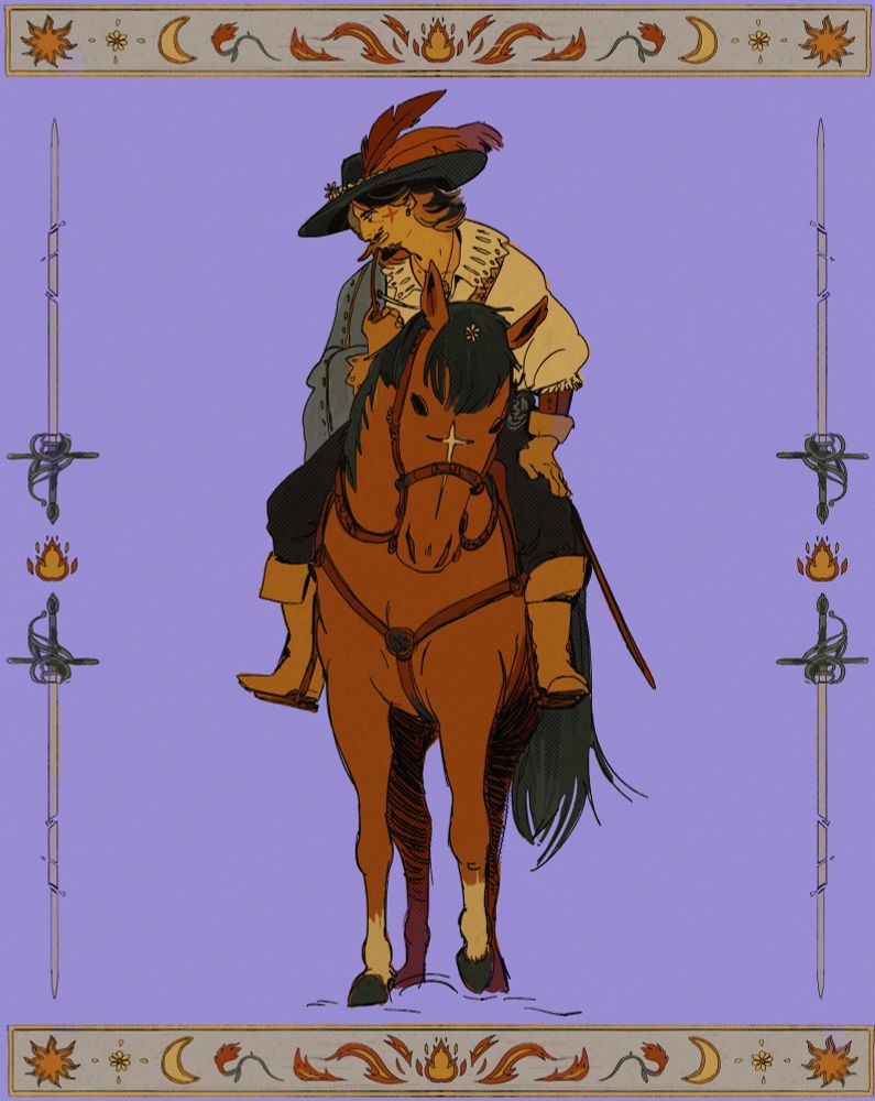 A drawing of a musketeer (Feur) riding a horse while pipe smoking. On the sides, four broken decorative swords. 