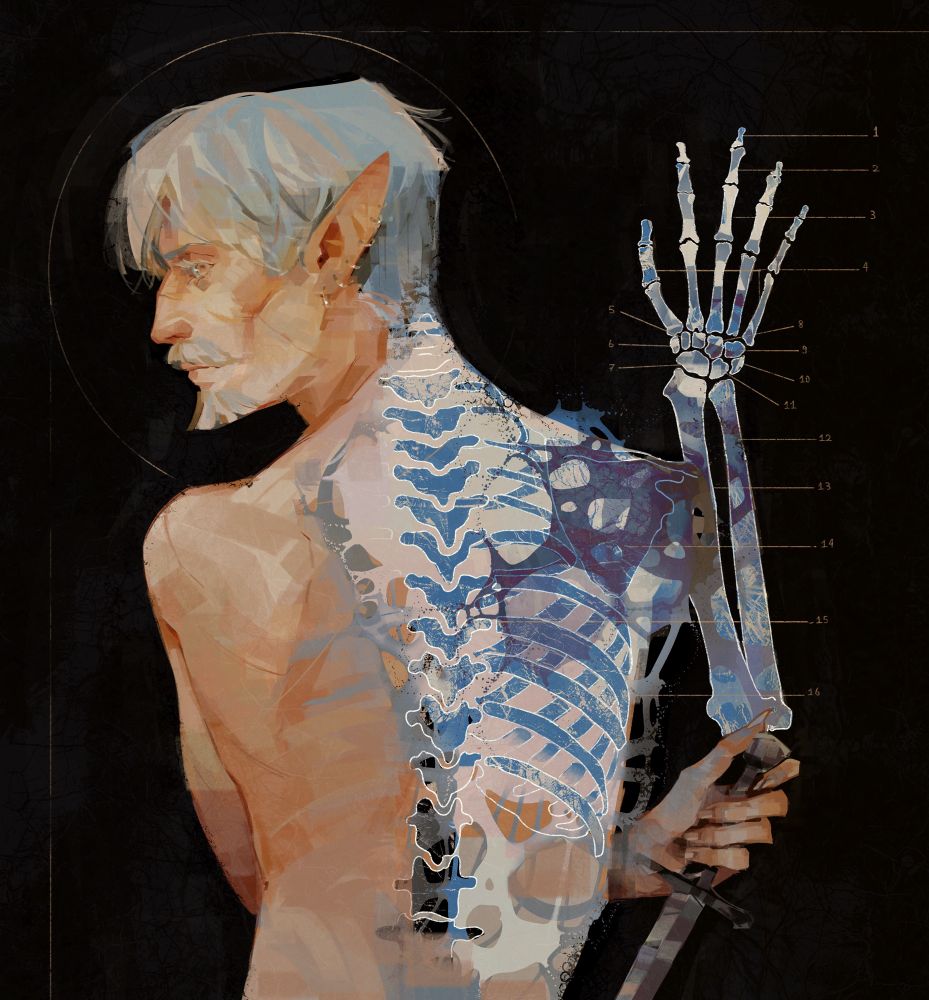 Also my oc Virgil, seen from behind. We mostly see his back in an almost x ray transparency, his ribs and spine are apparent and his right arm is fully skelly-like. His face may look calm but his eyes indicate fear while his other hand holds a knife, ready to stab.