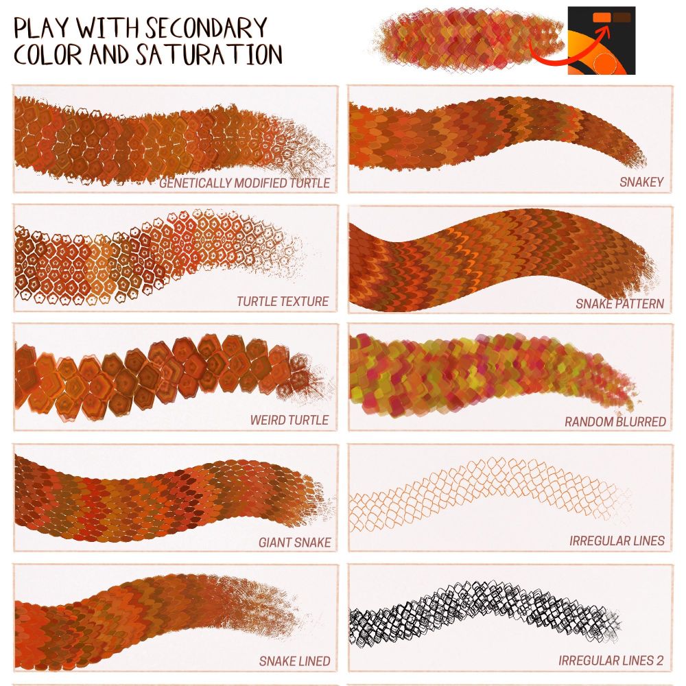 Another display of ten variations of the scales brushes, playing with secondary color and saturation ( they're also very color jittery!)