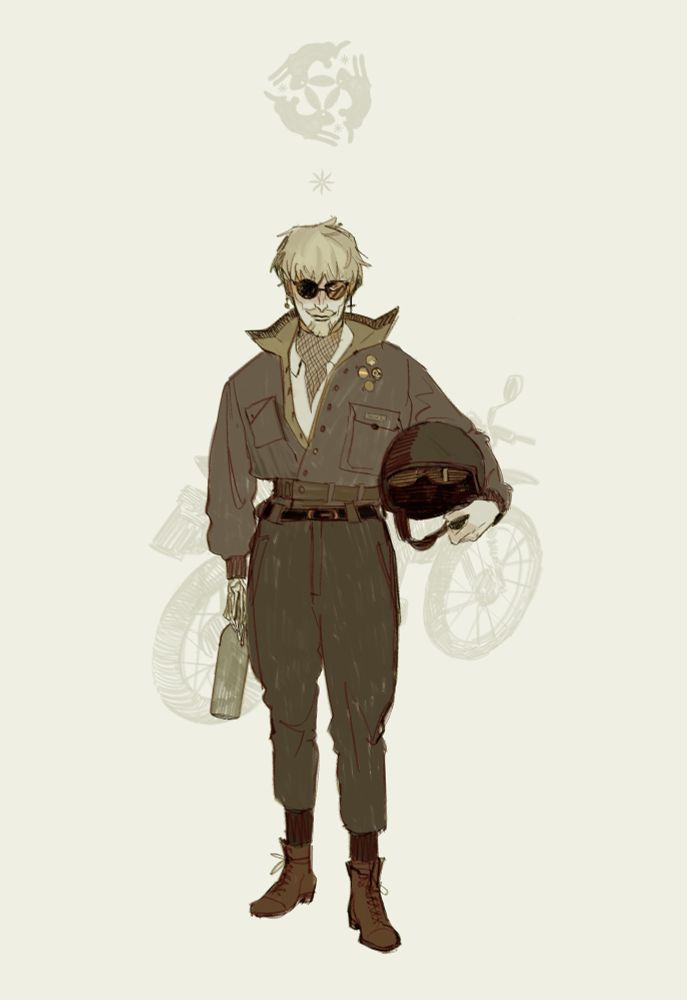 An illustration of my vampire oc Gigi (Virgil) again ! He’s standing and looking directly at us, an empty bottle of wine in his right (skeletal) hand and an old biker helmet in his left arm. His motorbike is right behind him, while the symbol of the three rabbits (Tinners’ rabbits) is right upon him.This visual riddle suits his rebellious, elder (immortal) non binary butt. A rabbit paw is supposed to bring luck- I suppose it’s not the case for the rabbit in question…