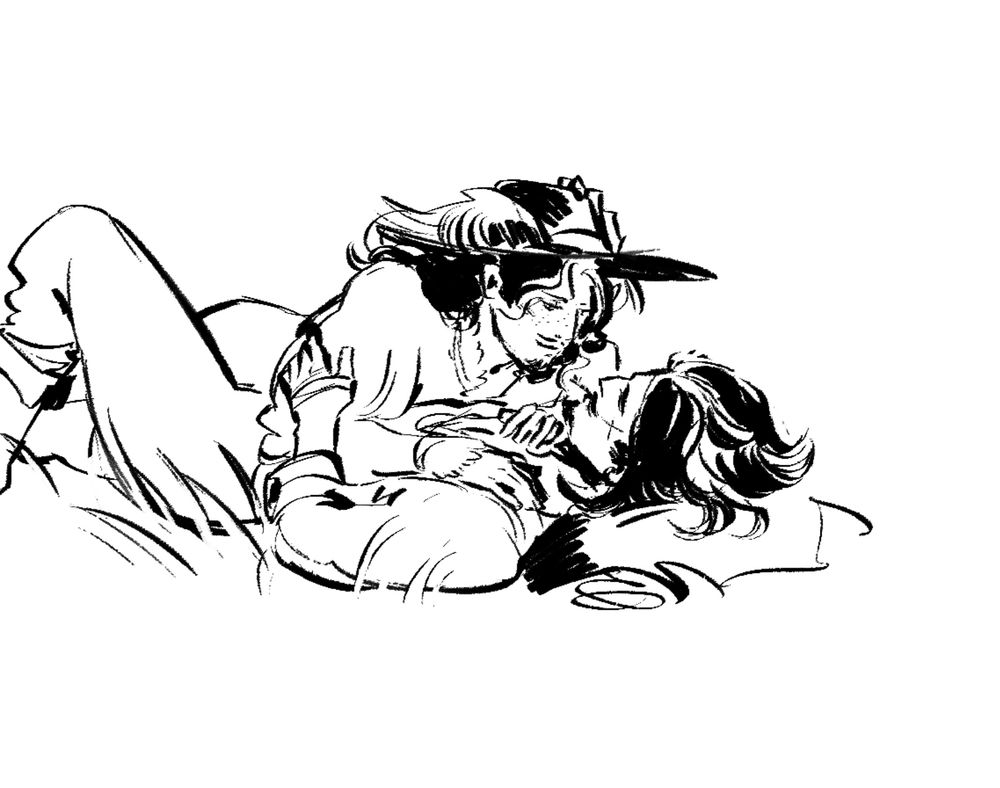 Both of them are relaxing in the grass. Philippe is looking at Armand with a loving gaze. He’s wearing Armand’s hat.