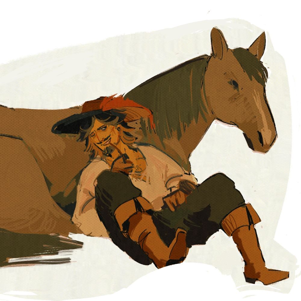 Feur, my musketeer oc, is laying peacefully against a horse while pipe smoking.