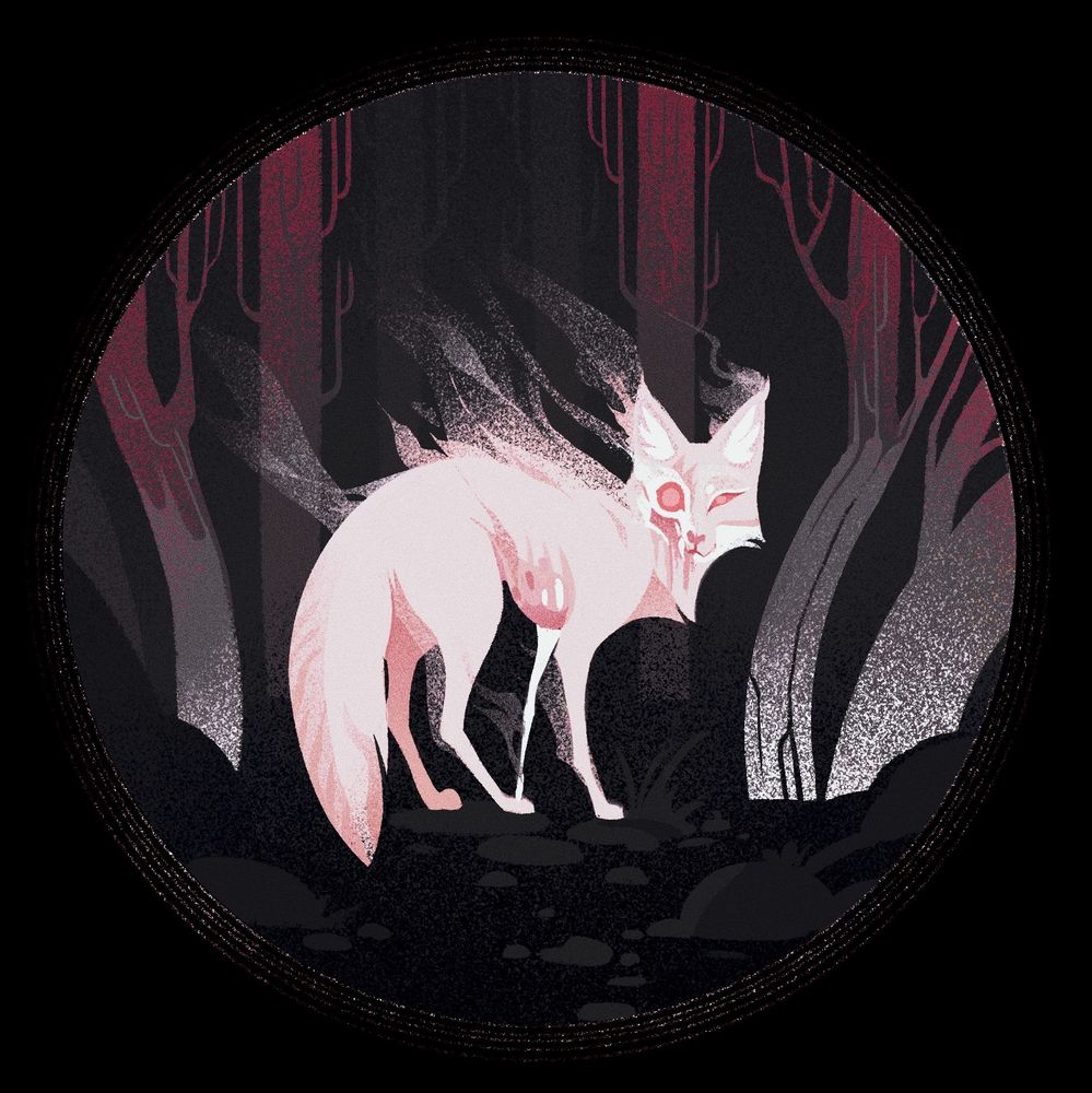 A drawing of a white fox, wandering into the woods, missing parts of his face and leg and staring back at you