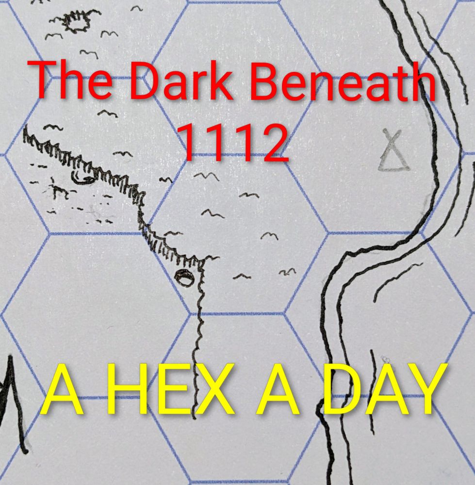A sinkhole encroaches upon the border of the jungle. Hex 1112 - the dark beneath.