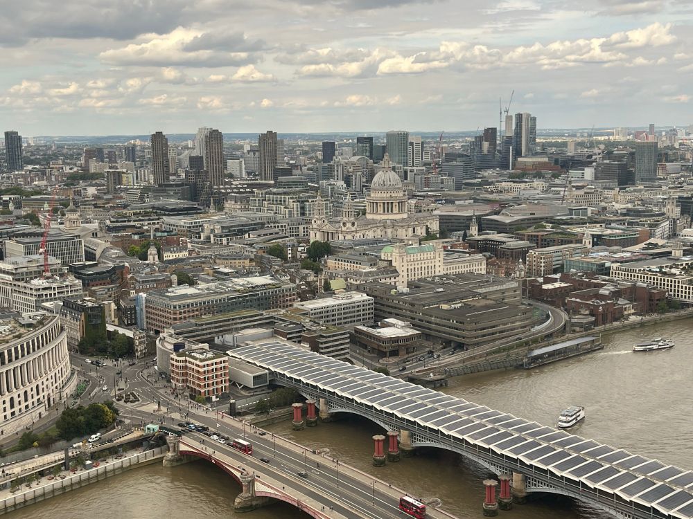 View of London from the 39th floor of an apparent block on South Bank. 